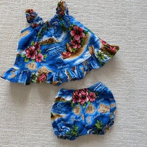 Hawaii Station Kids Blue Hibiscus Island Map Top and Bloomer Set 18M Made in USA